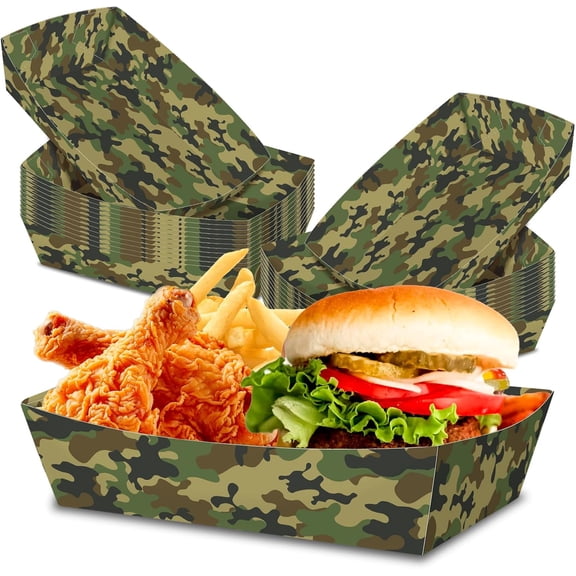 No Folding Required 50 Pack 2 Lb Camouflage Party Food Trays Camo Plates Birthday Party Supplies Camo Themed Nacho Food Holders Paperboard Tray Disposable Serving Trays