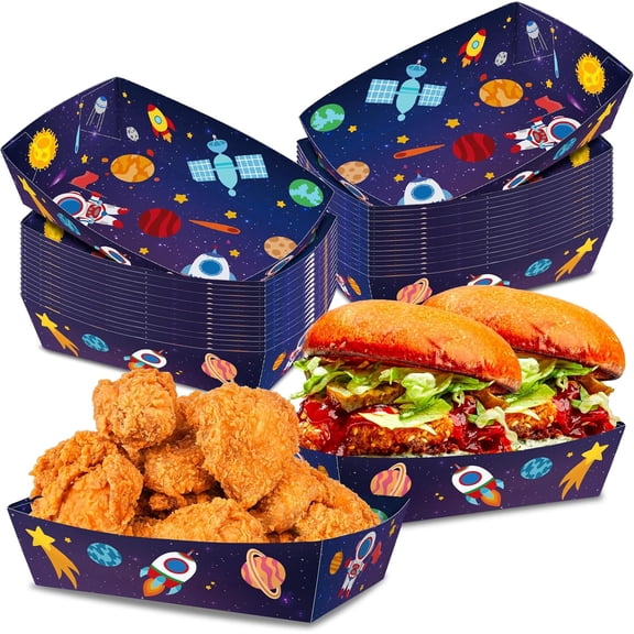 No Folding Required 50 Pack 2 Lb Outer Space Birthday Party Decorations Space Plates Large Solar System Planet Nacho Boats Serving Food Trays for Kids Astronaut Galaxy Party Supplies