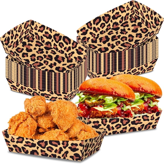 No Folding Required 50 Pack Leopard Print Snack Tray 2 Lbs Large Disposable Paper Food Plates Leopard Paper Plates Jungle Safari Party Supplies Animal Print Baby Shower Party Decoration