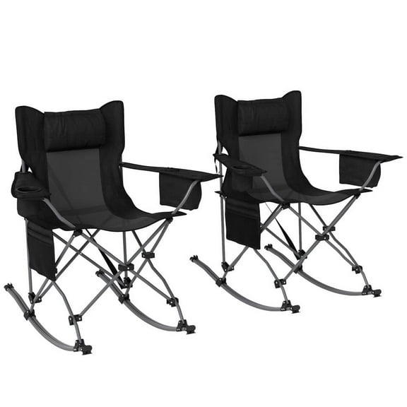2 Pack Portable Outdoor Folding Rocking Camping Chairs with Headrest Cooler Bag Cup Holder Carry Bag, Black