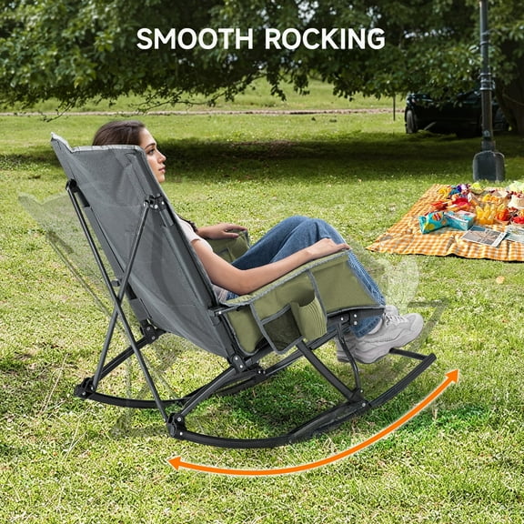 Folding Rocking Camping Chair, Portable Outdoor Rocker with Cup Holder and Phone Pocket, for Patio, Lawn and Garden, Green (Set of 1)