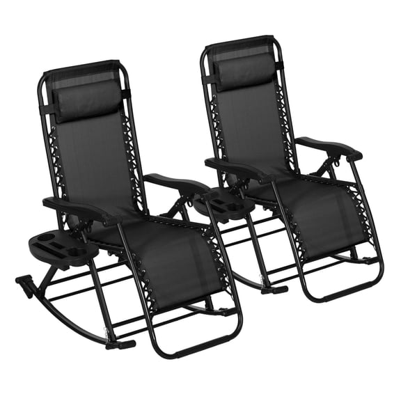 Folding Rocking Chairs 2 Pcs, Zero Gravity Chair with Pillow & Cup Holder - Black Outdoor Recliner for Patio, Camping
