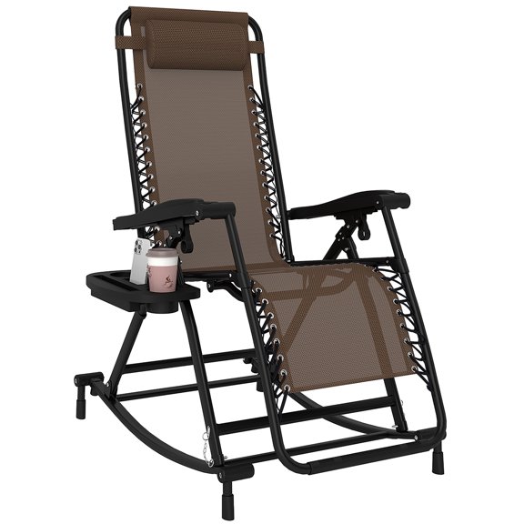 Folding Rocking Zero Gravity Lounge Chair with Pillow, Cup & Phone Holder, Brown