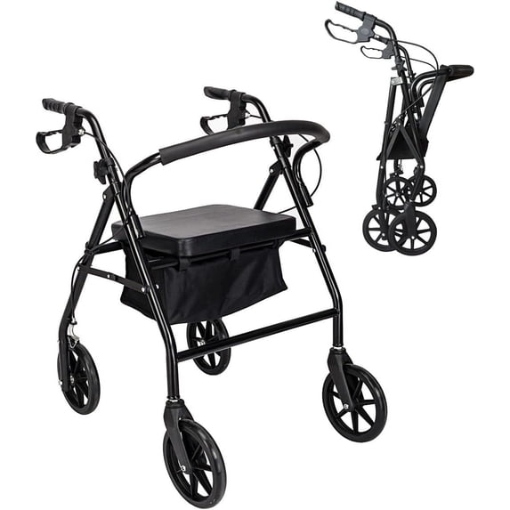 Folding Rollator Walker with Seat, Steel Rolling Walker with 8" Wheels & Storage Bag, Supports up to 286.6lbs, Medical Walker