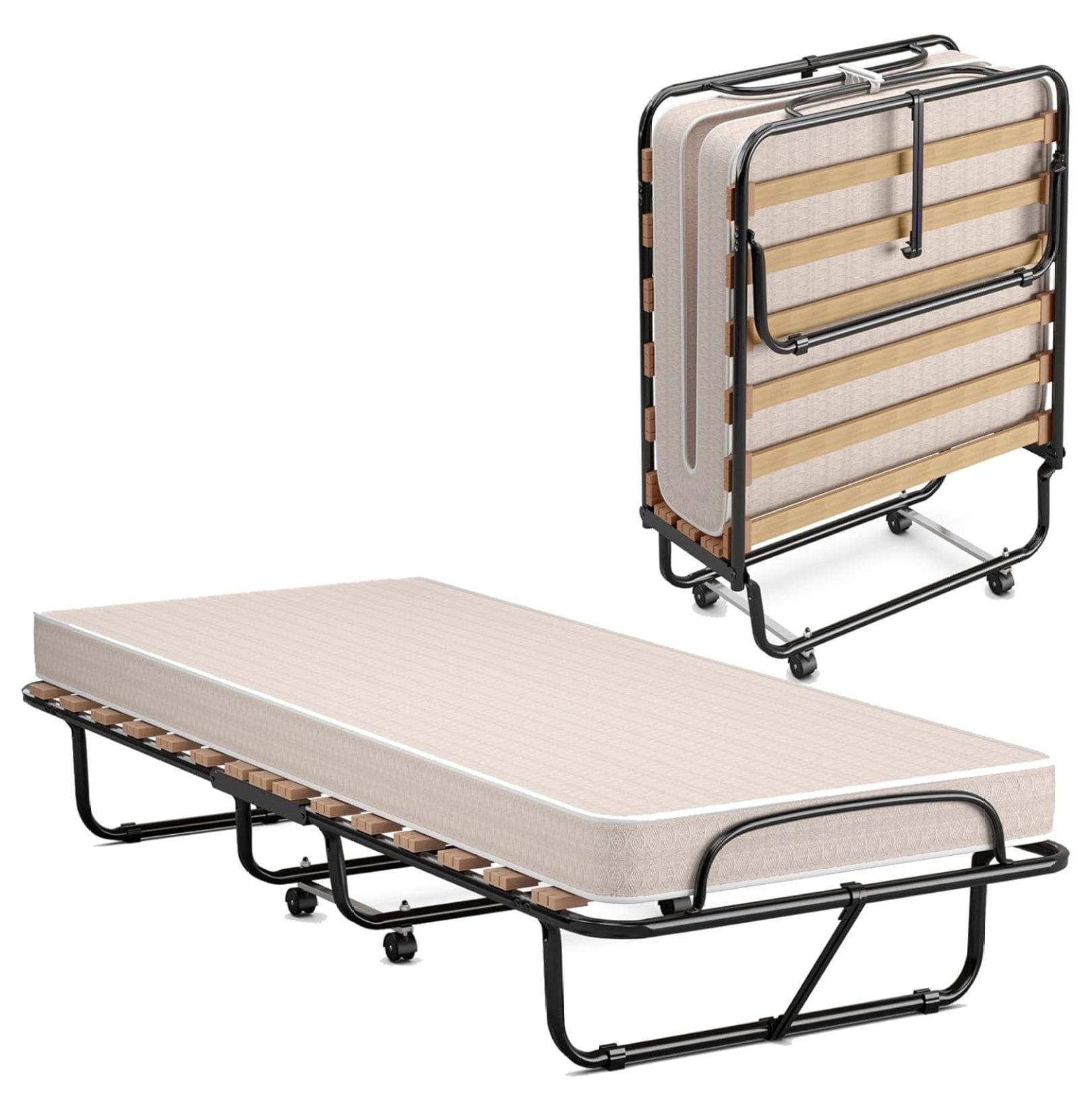 CECER Twin Size Folding Bed With 5 Inch Foam Mattress, 75" X 51" Rol