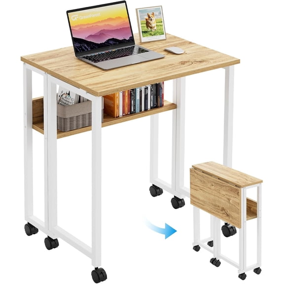 Folding Rolling Desk with Storage Shelf, 24.8 Inch Foldable Computer Desk with Wheels for Small Spaces, Easy Assembly, Oak