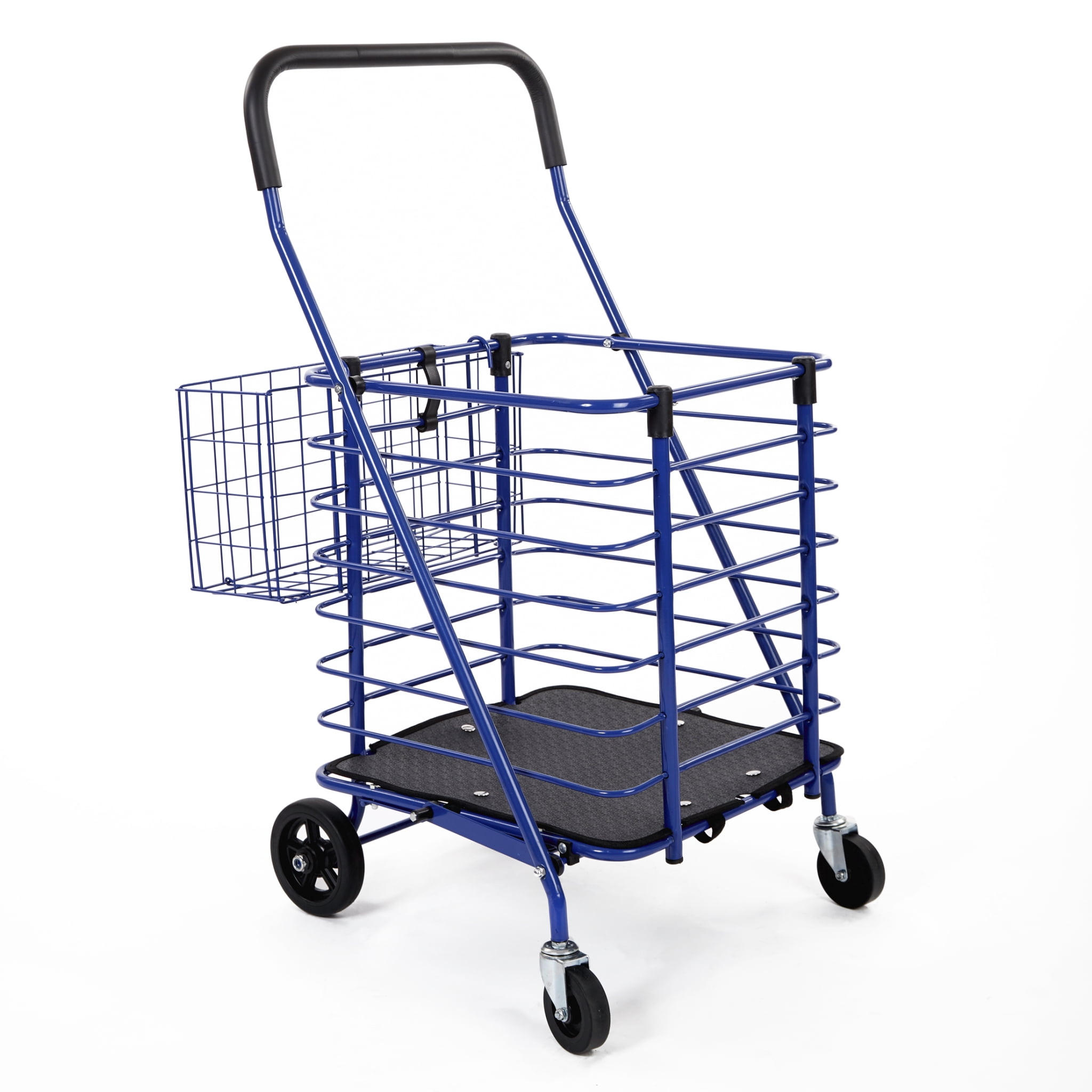 Folding Rolling Steel Wire Basket Trolley Grocery Shopping Cart, Blue