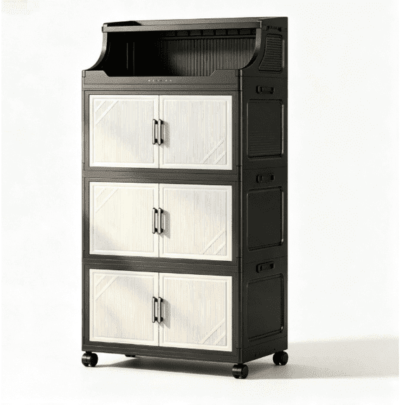 Folding Rolling Storage Cabinet, 3Tier Plastic Storage Organizer with Magnetic Doors & Lockable Wheels, ZeroAssembly Household Cabinet for Bedroom, Kitchen, Entryway