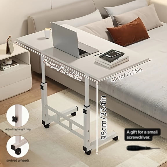 Folding Rolling Table with Storage Shelf - Adjustable Height for Bedroom, Living Room, Office & Study