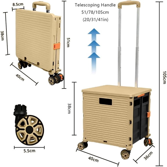 Folding Rolling Utility Cart, Wear-Resistant Noiseless Shopping Trolley with Wheels for Grocery, Portable Crate Storage Tool Box with Lid Used as a for Moving Office Use/Travel/Picnic/Books