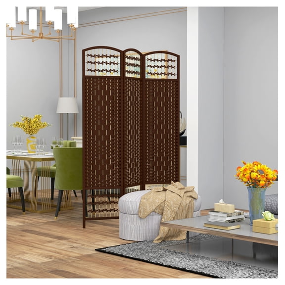 Folding Room Divider 3 Panel, Portable Privacy Screen Wave Fiber Partition for Home Office - Brown