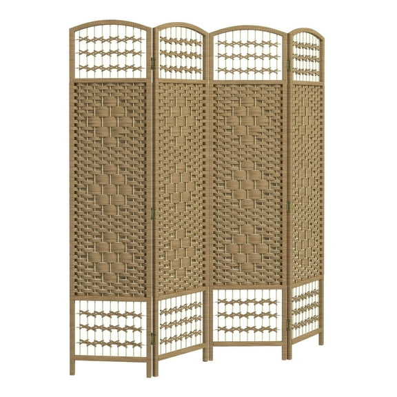Folding Room Divider 4 Panel, Natural Wave Fiber Screen for Home Office