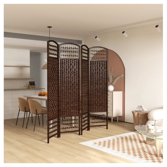 Folding Room Divider 4 Panel, Portable Privacy Screen Wave Fiber Partition for Home Office Brown
