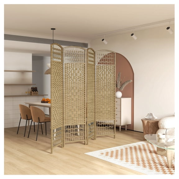 Folding Room Divider 4 Panel, Portable Privacy Screen, Wave Fiber Room Partition for Home Office, Natural