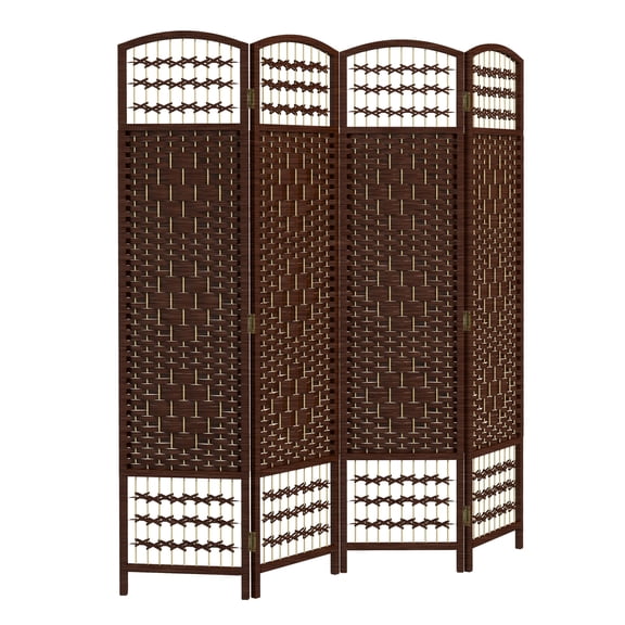 Folding Room Divider 4 Panel, Privacy Screen, Woven Fiber Partition for Home Office, Portable Space Separator, Brown