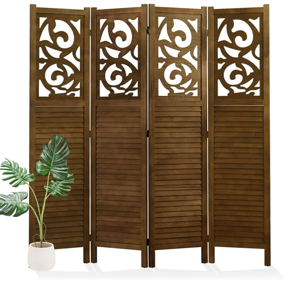 Folding Room Divider, 5.6Ft 4 Panels Wood Carved Privacy Screens, Free Assembled Freestanding Portable Reversible Functional Decorative Partition for Home Office Restaurant Bedroom (Brown)