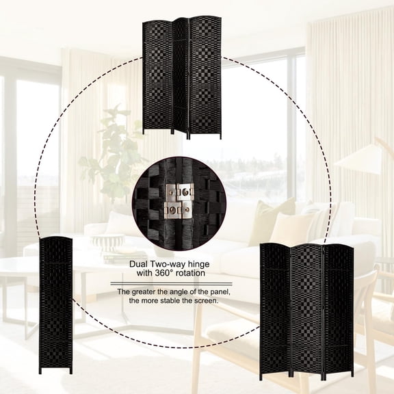 Folding Room Divider 6 Feet Tall, 3 Panel Handmade Privacy Screen with Dual Hinges, brown Fiber for Bedroom or Dressing Area, Black