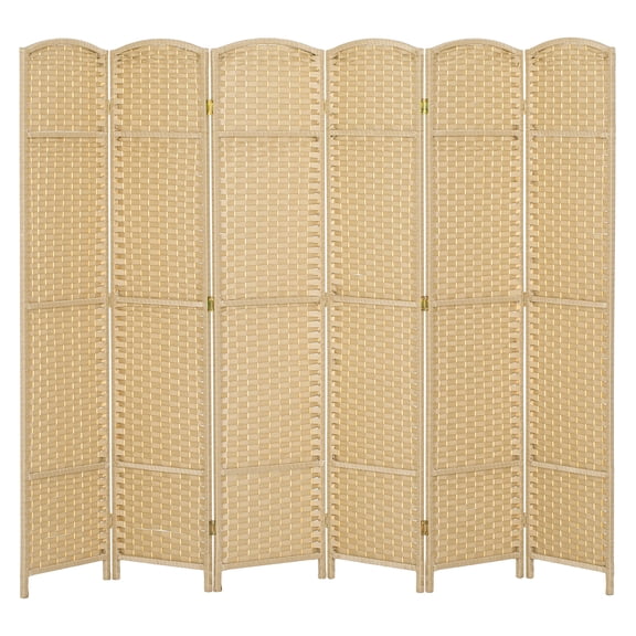 Folding Room Divider 6 Panel 5.6' Tall Privacy Screen, Freestanding Partition for Home Office, Beige Woven Polypropylene