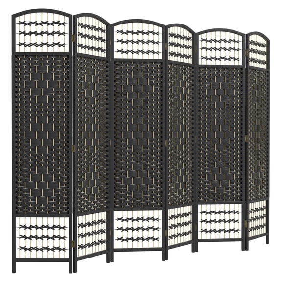 Folding Room Divider 6 Panel, Portable Privacy Screen Wave Fiber Partition for Home Office - Black