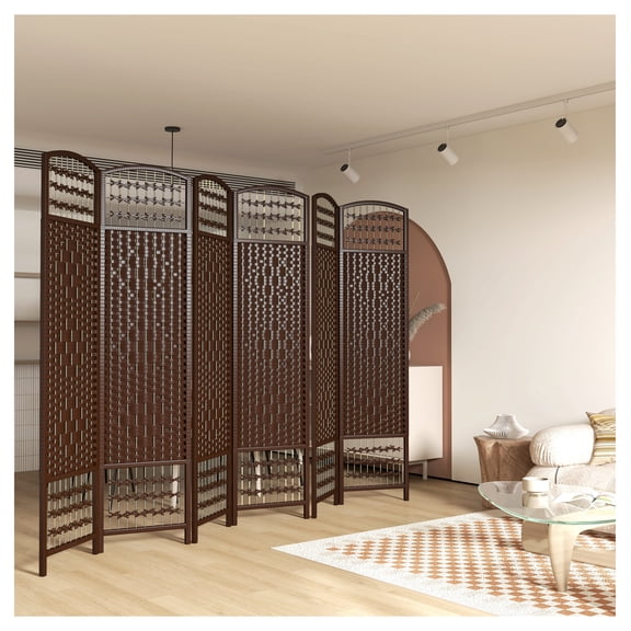 Folding Room Divider 6 Panel, Portable Privacy Screen Wave Fiber Partition for Home Office - Brown