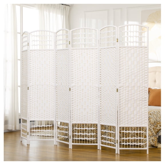 Folding Room Divider 6 Panel, Portable Privacy Screen, Wave Fiber Partition for Home Office - White