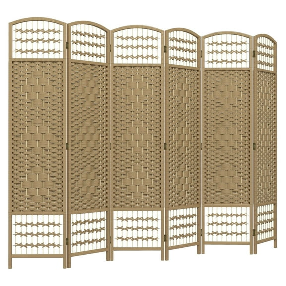 Folding Room Divider 6-Panel, Wave Fiber Privacy Screen, Natural for Home Office