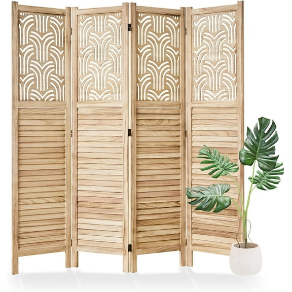 Folding Room Divider, 66.9 Inch 4 Panels Wood Carved Privacy Screens, Free Assembled Freestanding Portable Separation Wall for Home Office Bedroom (Natural)