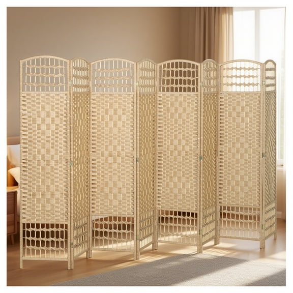 Folding Room Divider 8 Panel, Portable Privacy Screen Wave Fiber Partition for Home Office, Natural Wood Frame