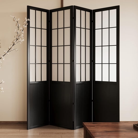 Folding Room Divider And Portable Partition Screen, Asian Style Four Panel Wooden Lattice Screen, Lightweight Temporary Privacy Wall For Office Bedroom Studio, Black