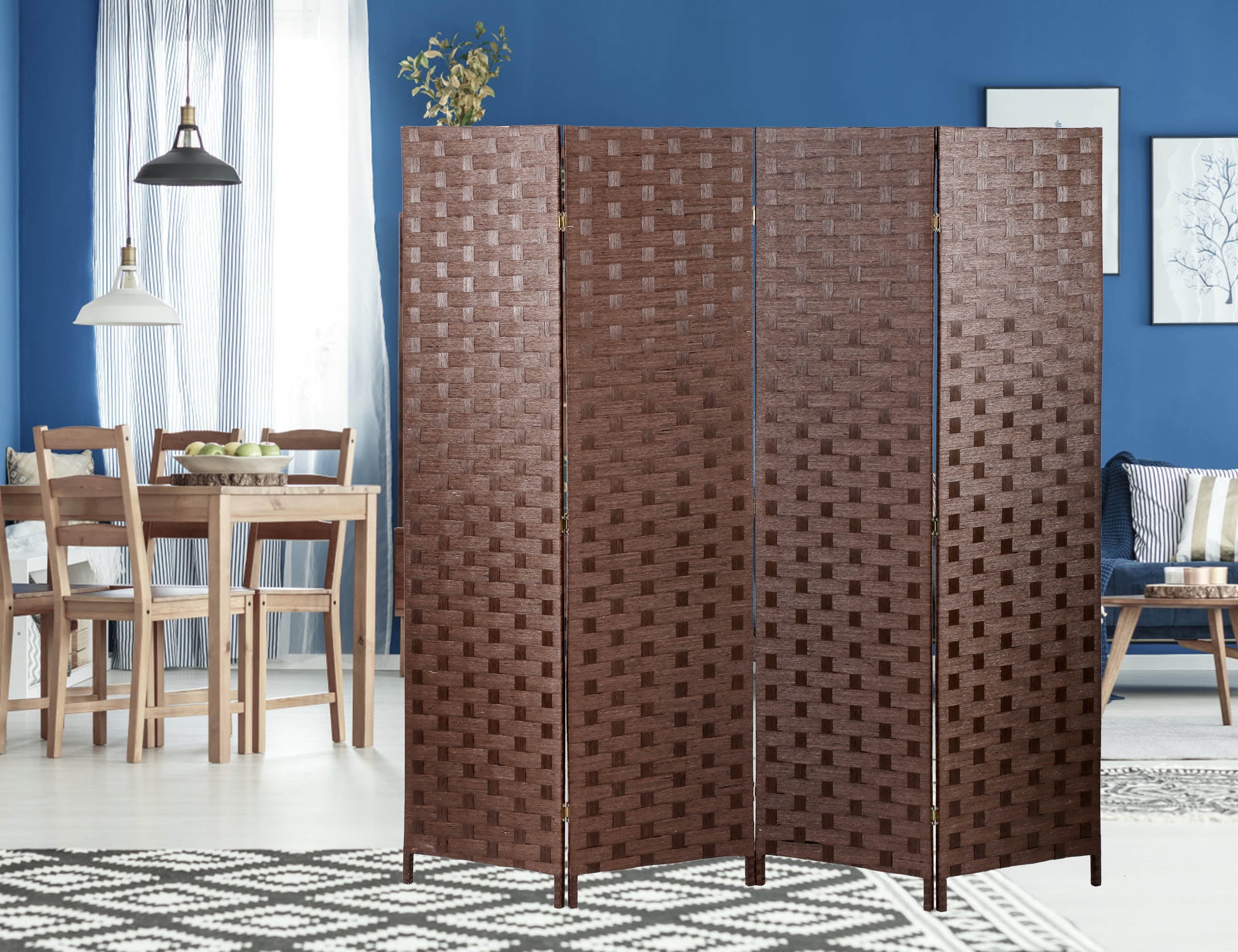 Folding Room Screen Dividers with 4 Panels Wood Mesh Woven Design