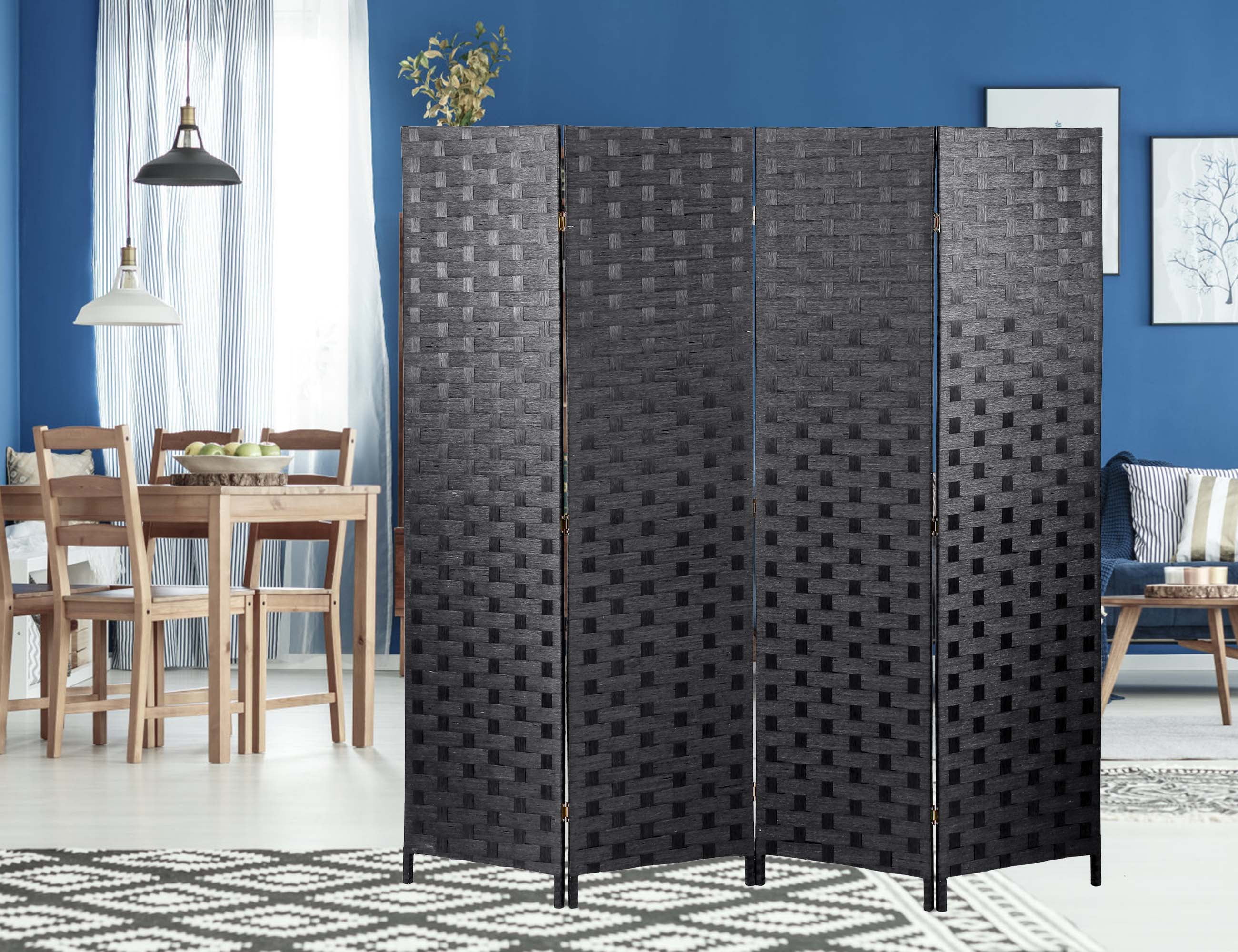 Folding Room Screen Dividers with 4 Panels Wood Mesh Woven Design