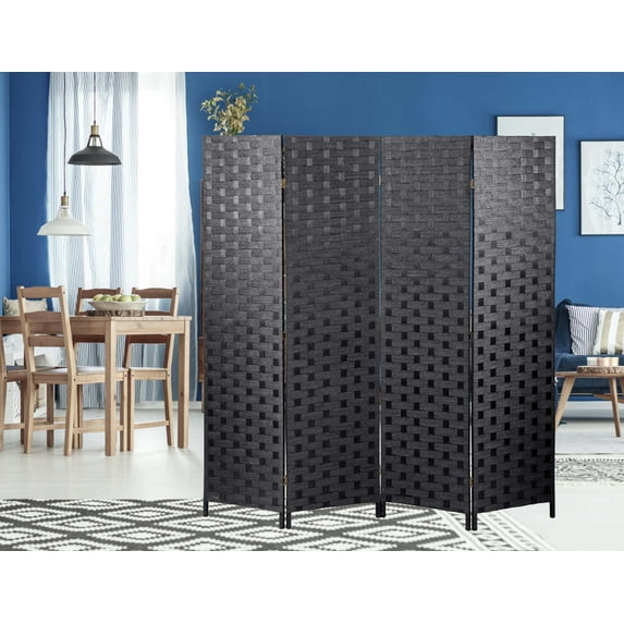 Folding Room Screen Dividers with 4 Panels Wood Mesh Woven Design Privacy Screens for Indoors Portable High Fiber Partition Screen Free-Standing for Home Office Bedroom Living Room