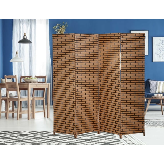 Folding Room Screen Dividers with 4 Panels Wood Mesh Woven Design Privacy Screens for Indoors Portable High Fiber Partition Screen Free-Standing for Home Office Bedroom Living Room