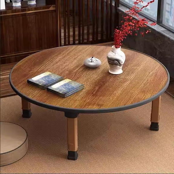 Folding Round Japanese-Style Tea Coffee Table Low Table, Foldable Dining Study Small Desk for Tatami Floor Bedroom Bay Window Space Saver