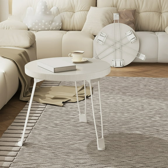 Folding Round Tea Coffee Table Low Table, Foldable Dining Table, Waterproof and Defend-fouling Material Desktop - Non-slip and Stable Structure, for Bedroom Bay Window Tea Room, Space Save-White