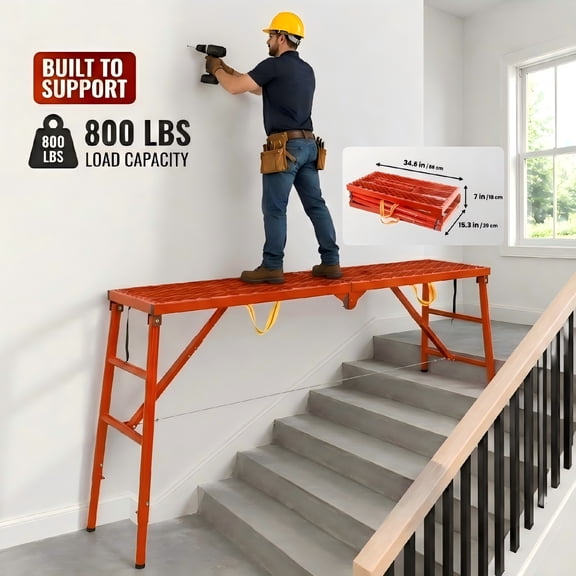 Folding Scaffolding Platform, 800lbs Heavy Duty Portable Work Platform with Adjustable Legs for Stairs & Uneven Ground, Multi-Purpose Scaffold Ladder, Welding Table, Red