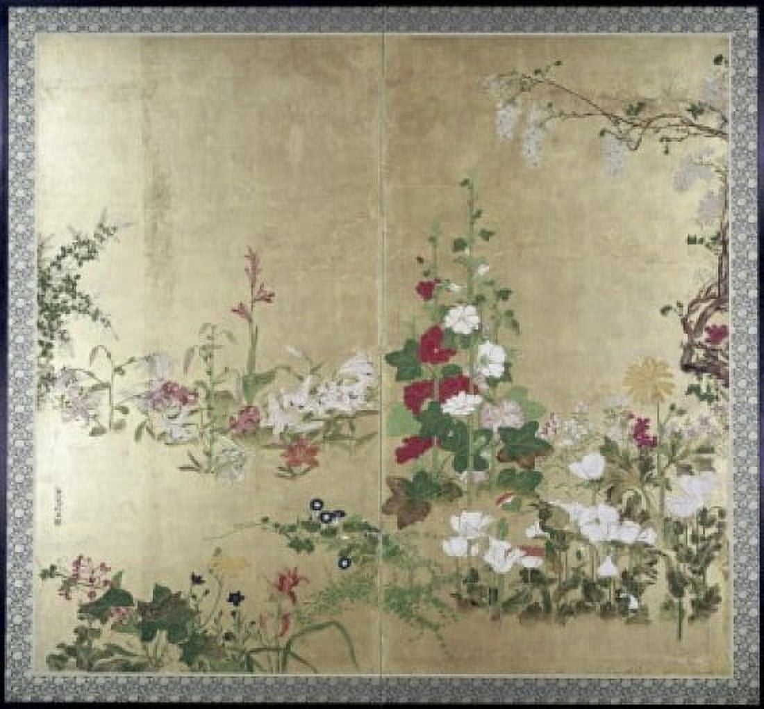 Folding Screen with Flowers Japanese Art Canvas Art - (18 x 24)