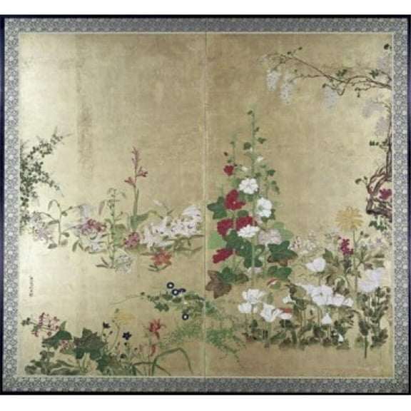 Folding Screen with Flowers Japanese Art Poster Print - 18 x 24