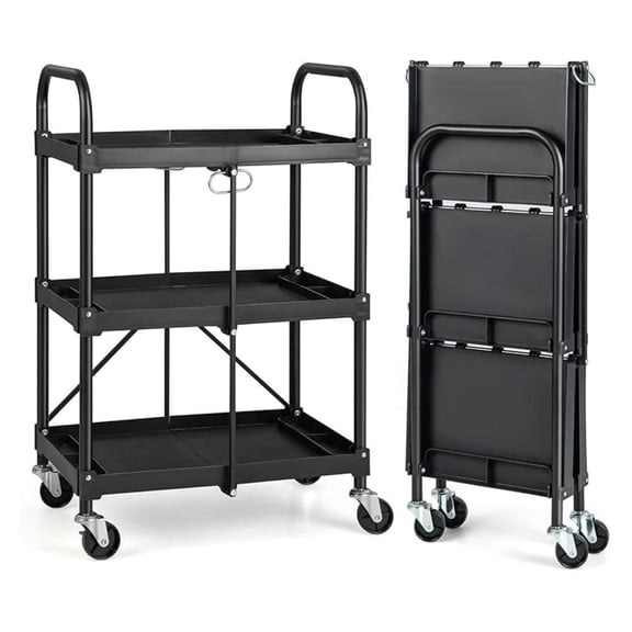 Folding Service Cart with Wheels, Heavy Duty Metal 3 Tier Foldable Utility Cart w/Universal Wheel & Compartments, Collapsible Tool Push Cart for Home Garage Office