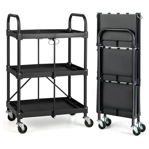 Folding Service Cart with Wheels, Heavy Duty Metal 3 Tier Foldable Utility Cart w/Universal Wheel & Compartments, Collapsible Tool Push Cart for Home Garage Office