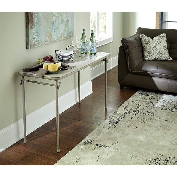 Folding Serving Table, 20x48 Inch Antique Linen Vinyl Top for Parties and Everyday Use