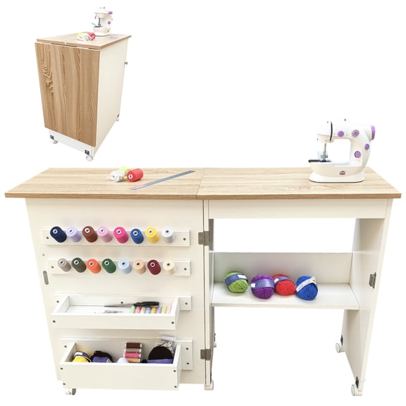 Folding Sewing & Craft Table – Multipurpose Desk with Storage Shelves, Trays, Pegs, Magnetic Locks, Lockable Wheels, Metal Hinges