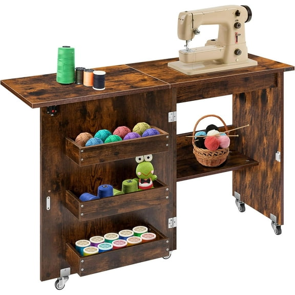 Folding Sewing Craft Table, Rolling Sewing Machine Desk with Storage Shelves, Sewing Cabinet with Lift for Small Spaces, Rustic Brown