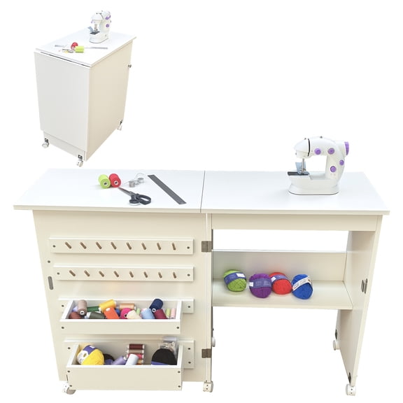 Folding Sewing & Craft Table with Storage Shelves and Trays, Compact Multipurpose Desk, Lockable Wheels, Pegs, Magnetic Locks
