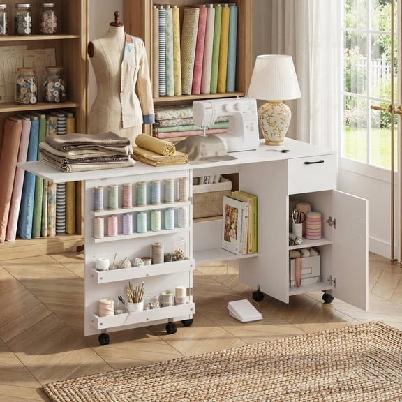 Folding Sewing Machine Cabinet with Wheels, Space-Saving Craft Table with Storage Shelves & Drawer, Rolling Organizer Desk for Bedroom, Small Spaces