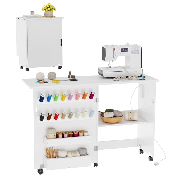 Folding Sewing Machine Table with Charging Station, Rolling Craft Table with Lockable Wheels, Storage Trays & Shelf, Pegs, Magnetic Locks, Foldable Sewing Machine Cabinet Desk for Small Spaces, White