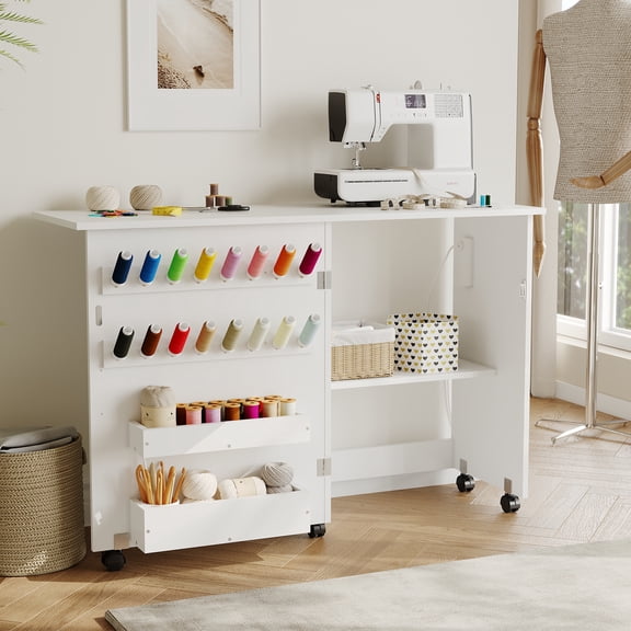 Folding Sewing Machine Table, MDF Craft Cabinet with Lockable Wheels, Multipurpose Sewing Desk with Storage Trays Pegs for Small Spaces