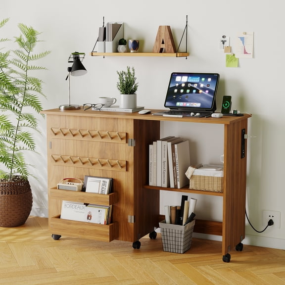 Folding Sewing Machine Table, MDF Craft Cabinet with Lockable Wheels, Multipurpose Sewing Desk with Storage Trays Pegs for Small Spaces