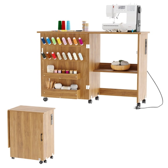 Folding Sewing Machine Table with Power Strip, Rolling Craft Station with Lockable Wheels, Storage Trays & Shelf, Space-Saving Sewing Machine Cabinet for Small Spaces