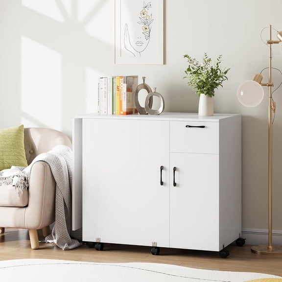 White Rolling Folding Sewing Machine Table with Drawer & Lockable Wheels